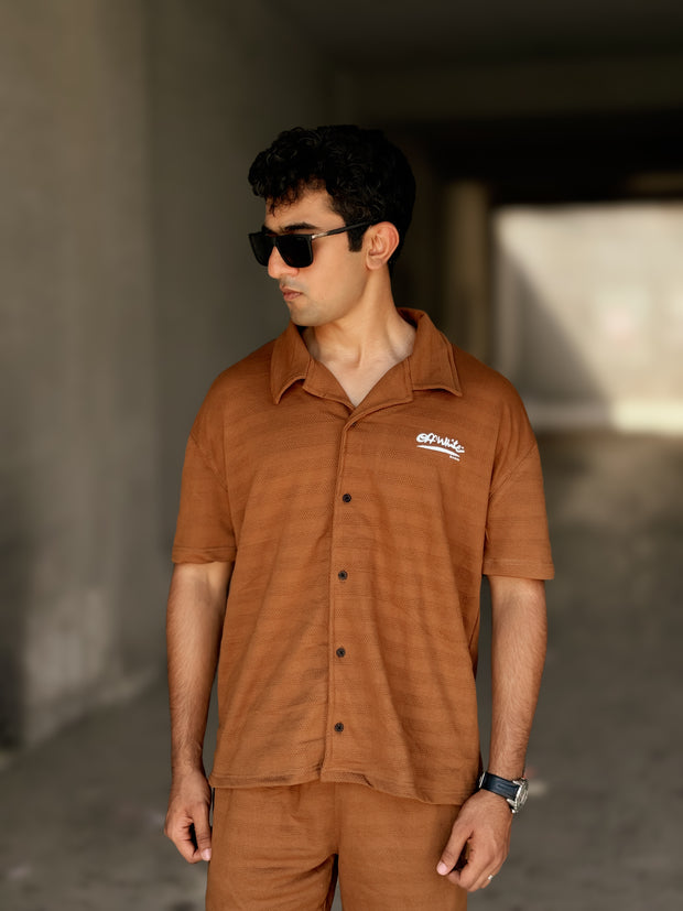 Safari Shirt & Short Pair (Cuban shirt) BROWN - OFF WHITE